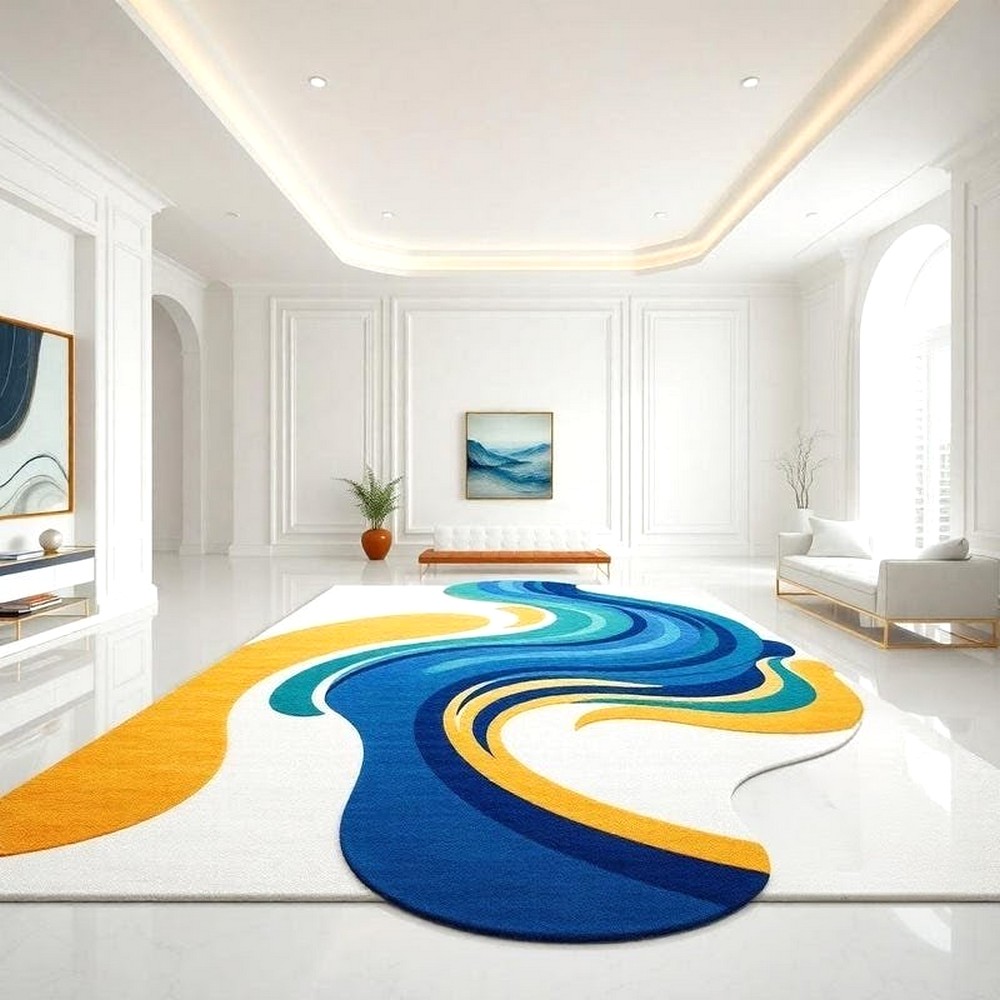 Handcrafted Blue Yellow Wave Living Room Rug